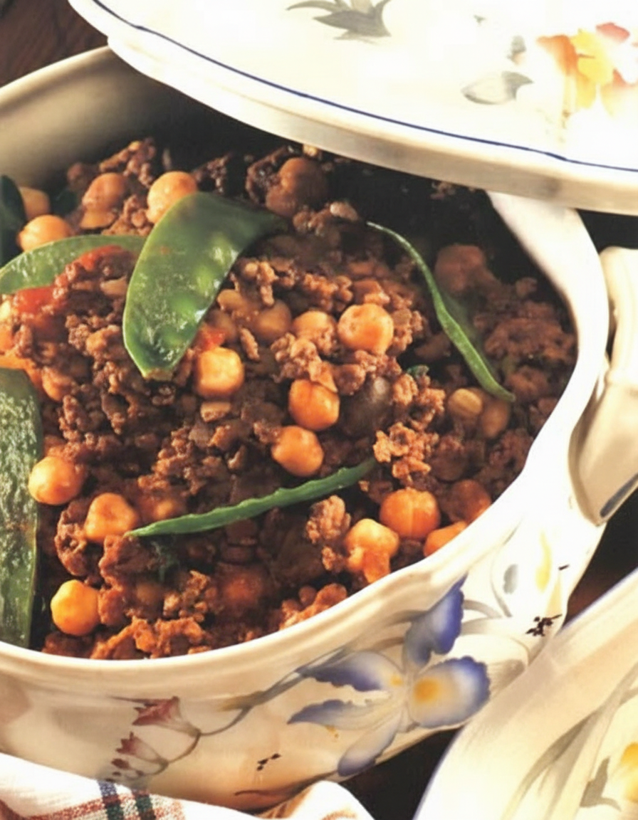 خوراک گوشت چرخکرده و نخود فرنگی